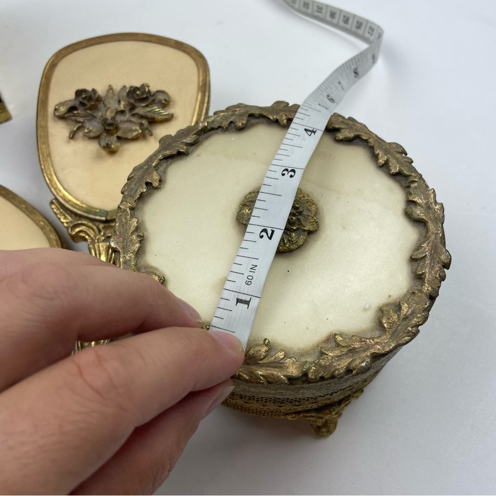 Vintage Filigree 6 Pc Vanity Set Hair Brush Hand Mirror & Perfume Tray Gold Tone - Picture 12 of 12